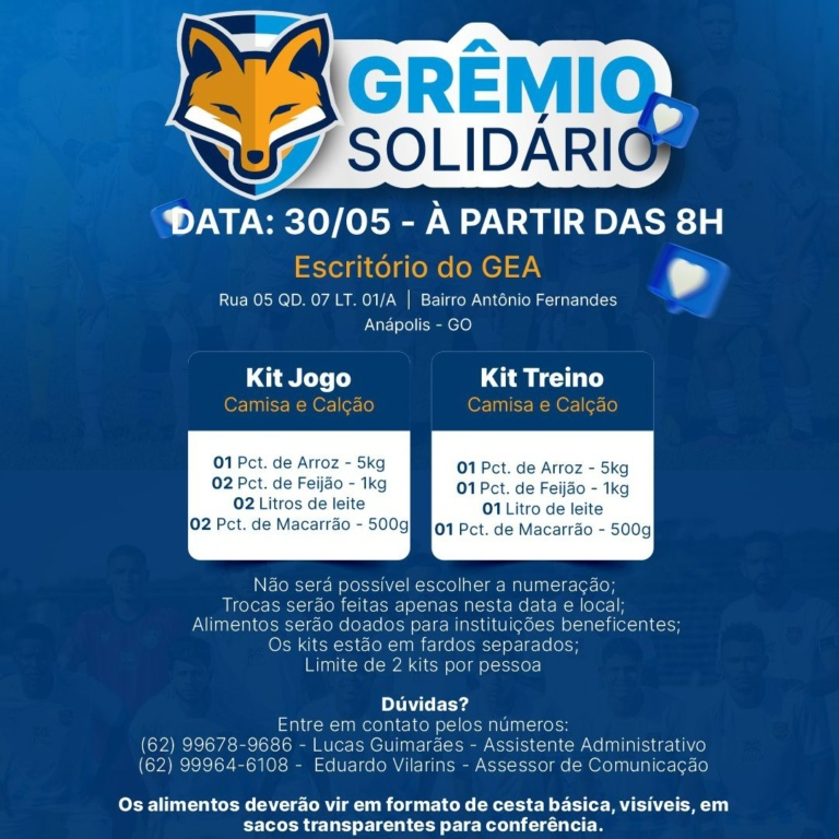 Vem aí mais uma edição do Grêmio Solidário; confira os alimentos necessários de doação para trocar por materiais do GEA