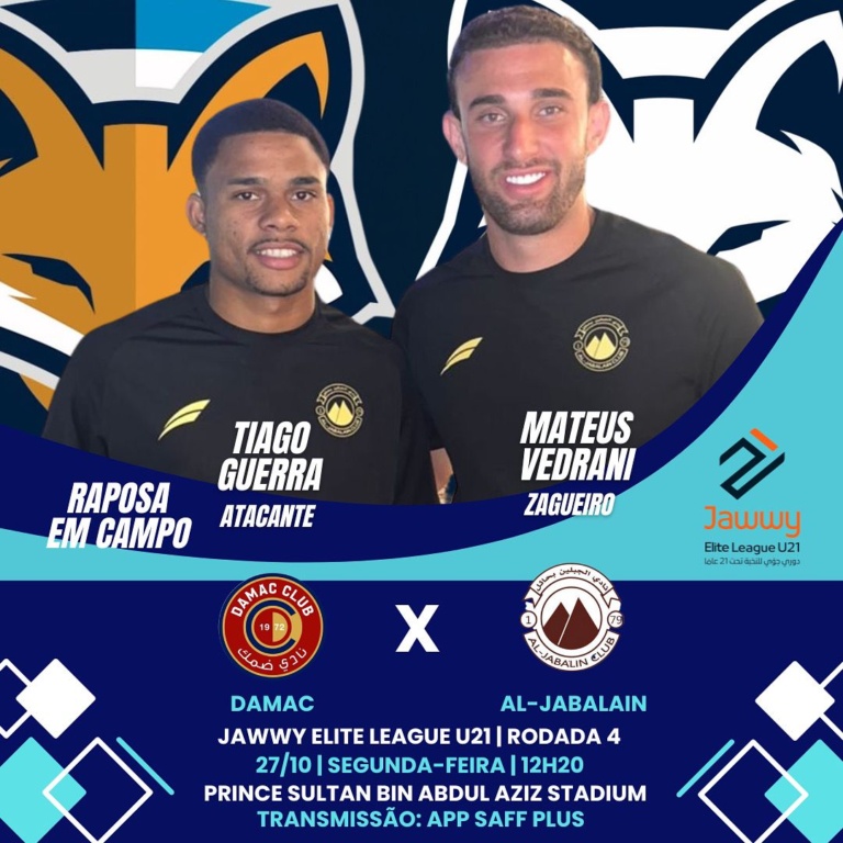 Mateus Vedrani e Tiago Guerra atuam nesta segunda-feira (27), pelo sub-21 do Al-Jabalain contra o Damac