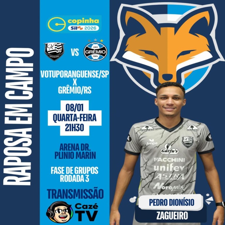 Pedro Dionísio está relacionado pelo Votuporanguense/SP, para enfrentar o Grêmio/RS, em busca da liderança do Grupo 2 da Copinha