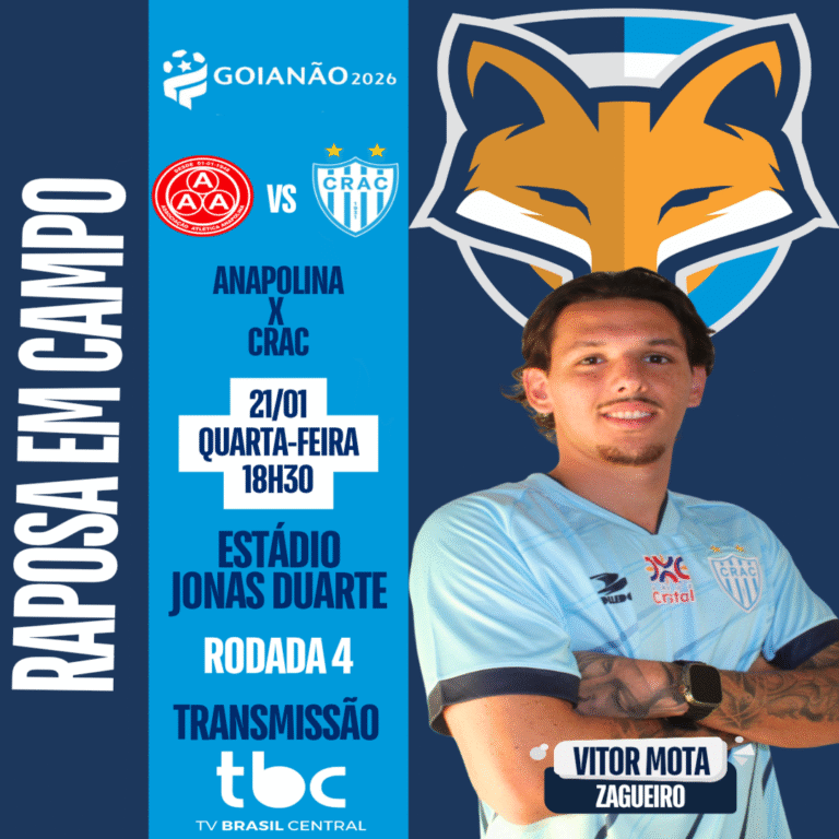 Vitor Mota está relacionado pelo Crac para enfrentar a Anapolina pela quarta rodada do Goianão 2026