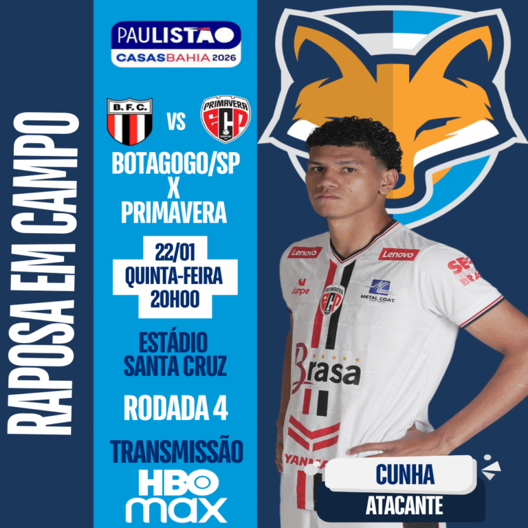 Cunha está relacionado pelo Primavera que enfrenta o Botafogo/SP, pela quarta rodada do Paulistão 2026
