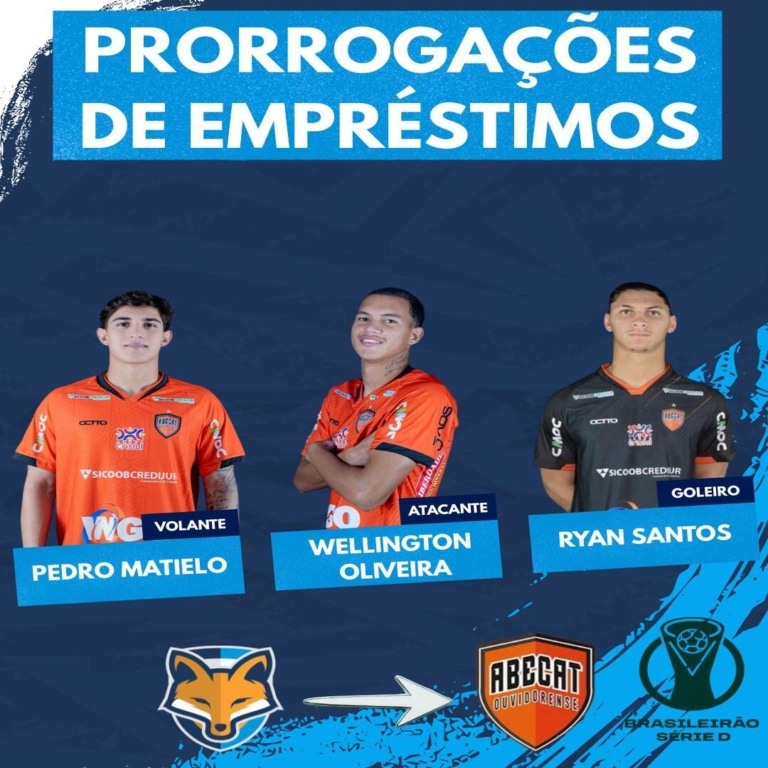 GEA prorroga empréstimos de Pedro Matielo, Wellington Oliveira e Ryan Santos ao Abecat até o final da Série D 2026