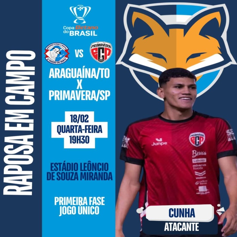 Cunha está relacionado pelo Primavera/SP, para enfrentar o Araguaína/TO, pela primeira fase da Copa do Brasil