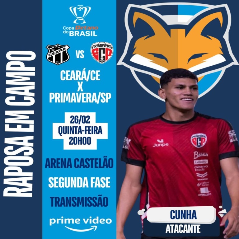 Cunha volta ser relacionado pelo Primavera/SP que encara o Ceará na segunda fase da Copa do Brasil