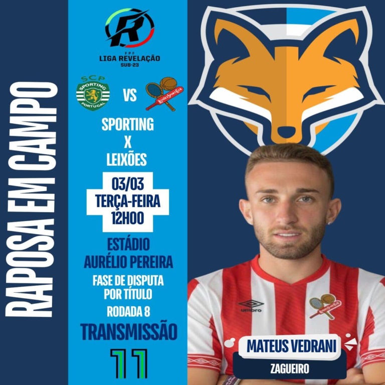 Mateus Vedrani está relacionado pelo Leixões que enfrenta o Sporting pela Liga Revelação sub-23