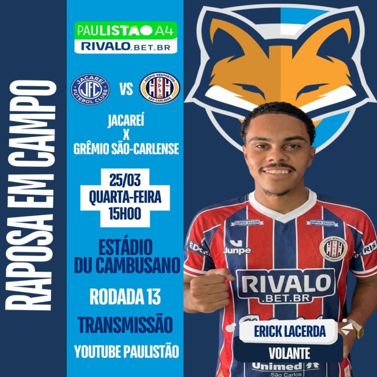 Erick Lacerda está relacionado pelo Grêmio São Carlense para enfrentar o Jacareí pelo Paulista A4