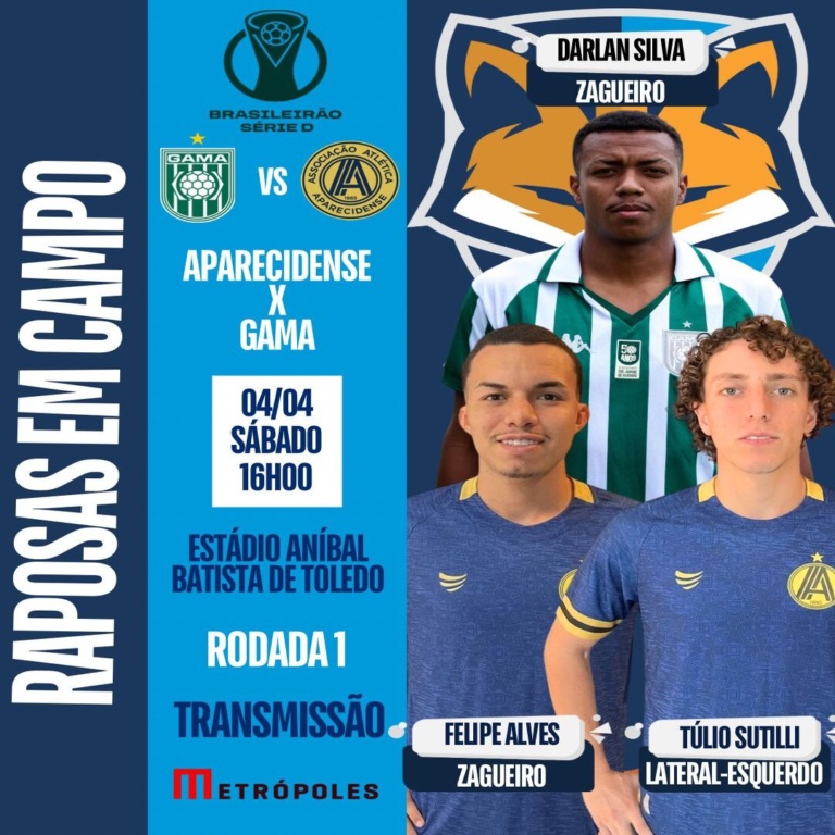 Aparecidense de Felipe Alves e Túlio Sutilli enfrenta Gama de Darlan Silva na estreia do Brasileirão Série D
