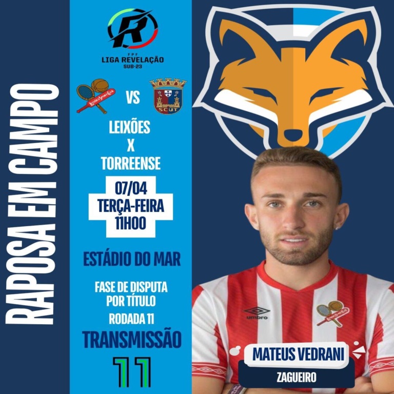 Mateus Vedrani está relacionado pelo Leixões para enfrentar o Torreense pela Liga Revelação sub-23