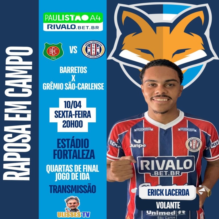 Erick Lacerda está relacionado pelo Grêmio São-Carlense para enfrentar o Barretos pela ida das quartas do Paulistão A4