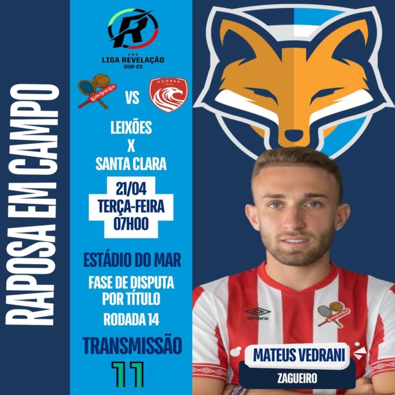 Mateus Vedrani está relacionado pelo Leixões para enfrentar o Santa Clara pela Liga Revelação sub-23