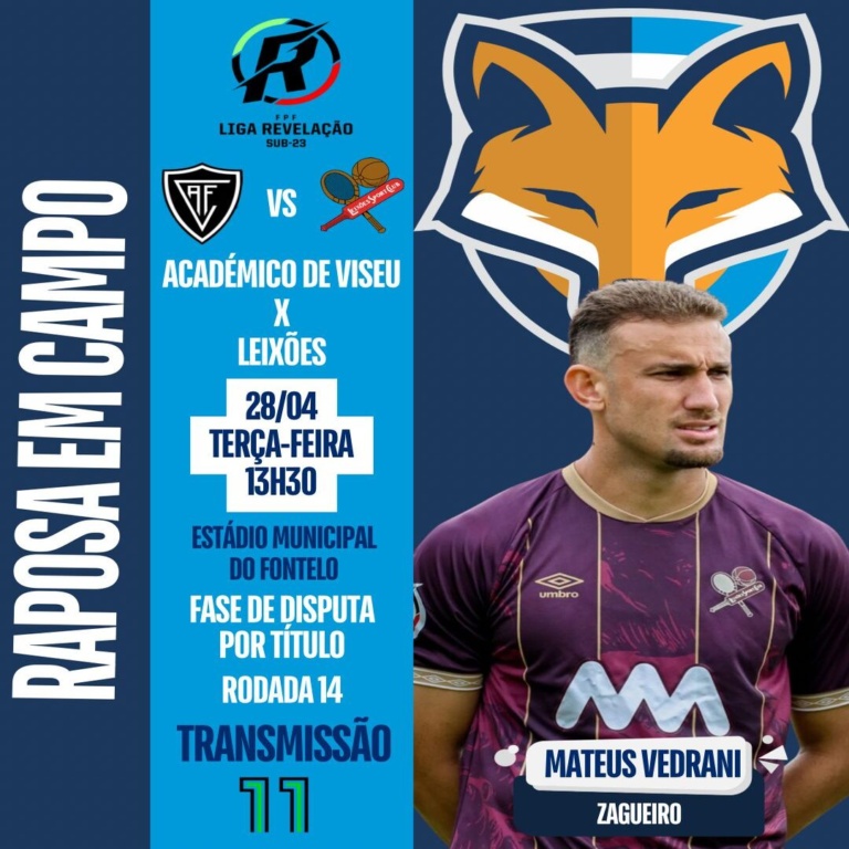 Mateus Vedrani poderá atuar pelo Leixões diante do Académico de Viseu pela Liga Revelação sub-23