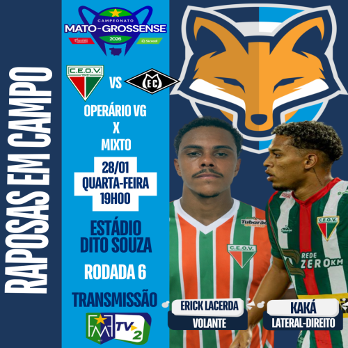 Erick Lacerda e Kaká estão relacionados pelo Operário VG contra o Mixto pelo Campeonato Mato-grossense
