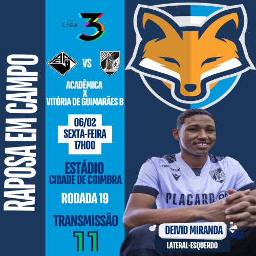 Deivid Miranda está relacionado pelo Vitória de Guimarães B contra o Acadêmica pela Liga 3 de Portugal