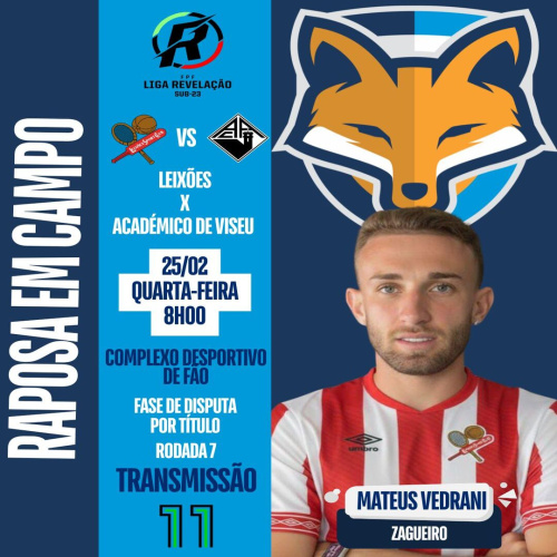 Mateus Vedrani está relacionado pelo Leixões para enfrentar o Académico Viseu pela Liga Revelação sub-23