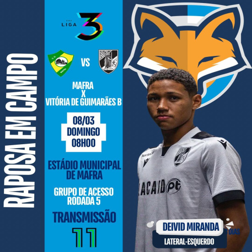Deivid Miranda está relacionado pelo Vitória de Guimarães B para enfrentar o Mafra pela Liga 3 de Portugal
