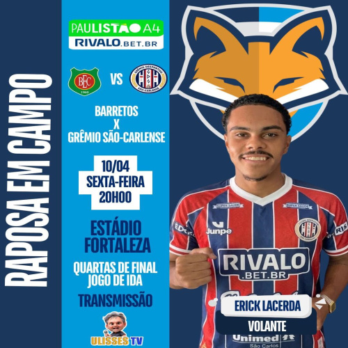 Erick Lacerda está relacionado pelo Grêmio São-Carlense para enfrentar o Barretos pela ida das quartas do Paulistão A4