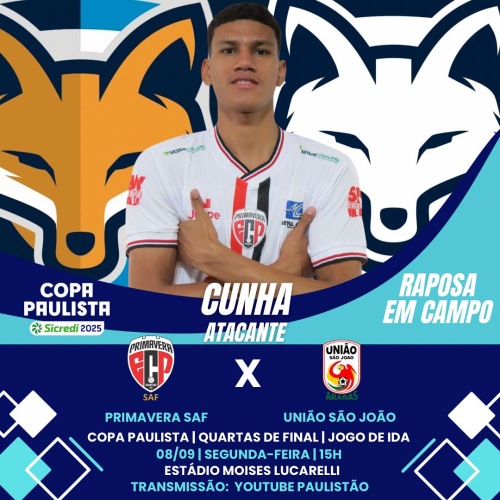 Cunha é relacionado pelo Primavera, para encarar o União São João pela ida das quartas da Copa Paulista