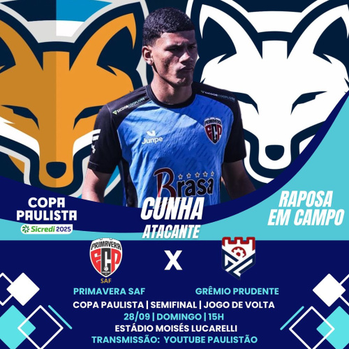 Cunha é relacionado pelo Primavera, que encara o Grêmio Prudente, em busca de vaga na final da Copa Paulista