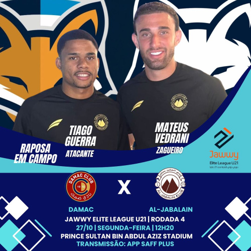 Mateus Vedrani e Tiago Guerra atuam nesta segunda-feira (27), pelo sub-21 do Al-Jabalain contra o Damac